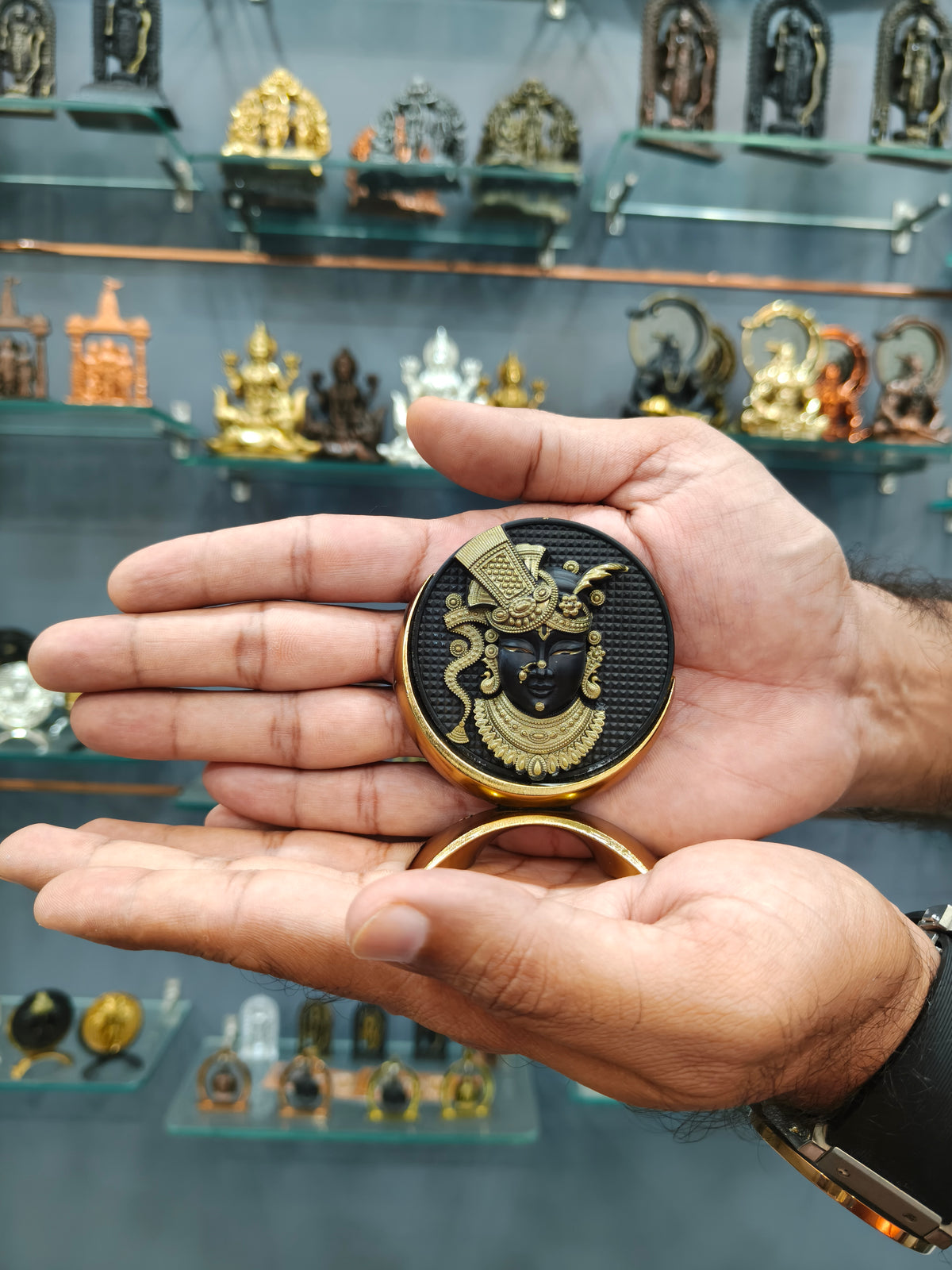 Small Round Shreenathji Idol Black-Gold Finish 3.2 Inch