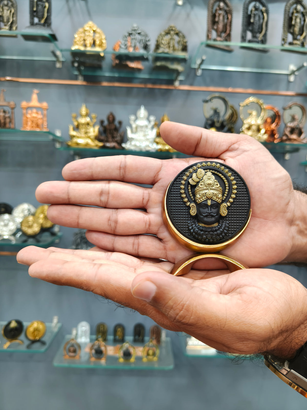 Small Round Khatushyamji Idol Black-Gold Base 3.2 Inch
