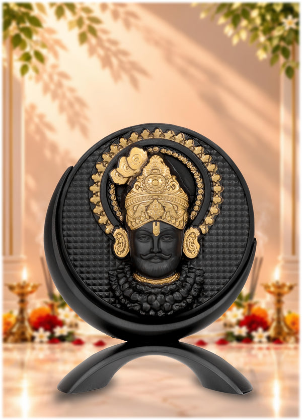 Small Round Khatushyamji Idol Black-Gold Base 3.2 Inch