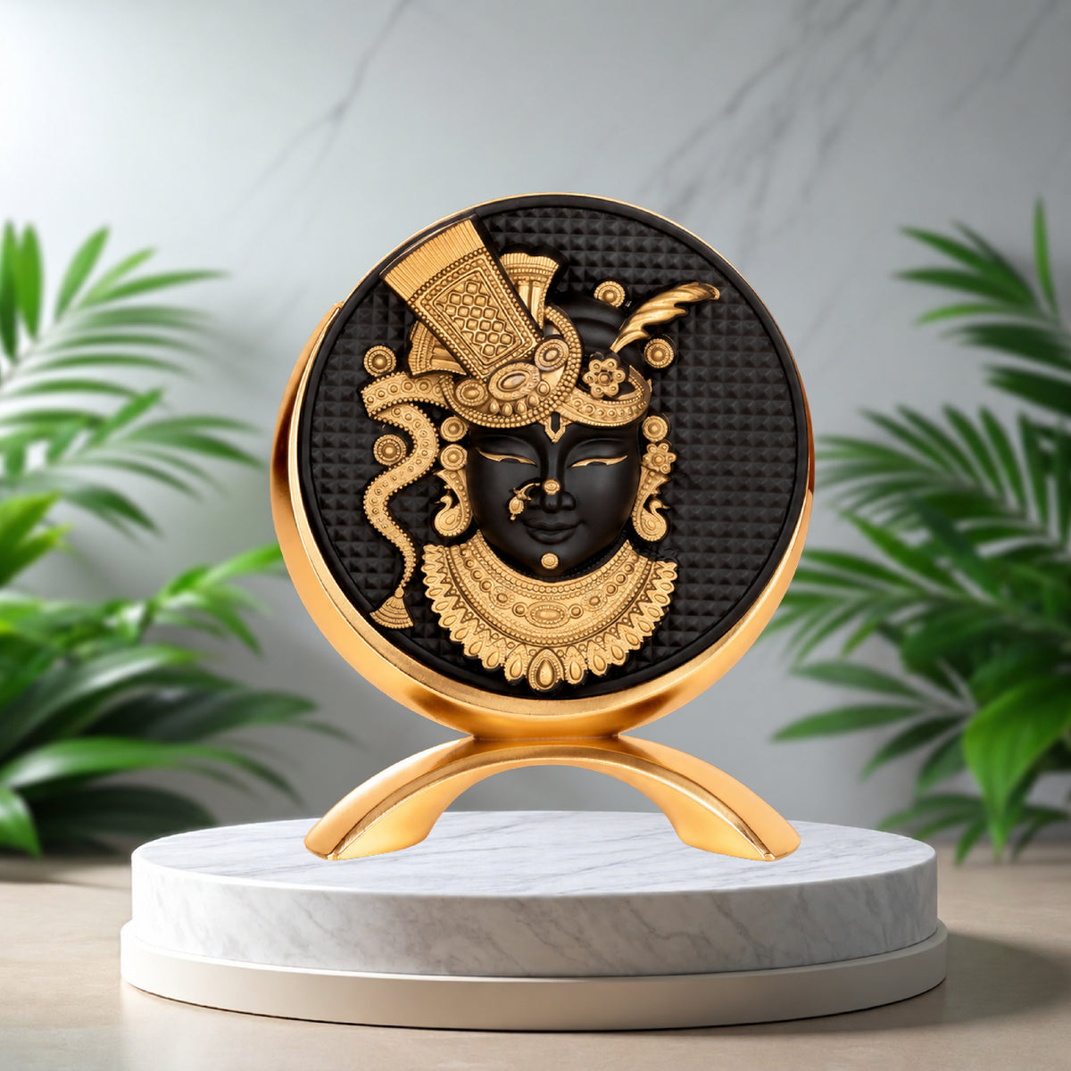 Small Round Shreenathji Idol Black-Gold Finish 3.2 Inch