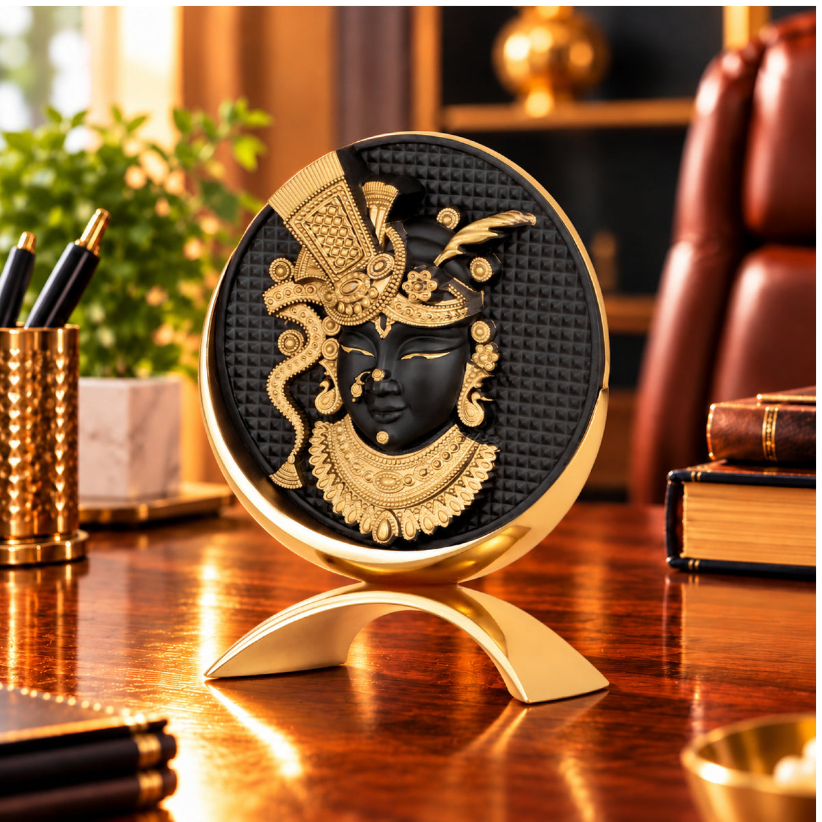 Small Round Shreenathji Idol Black-Gold Finish 3.2 Inch