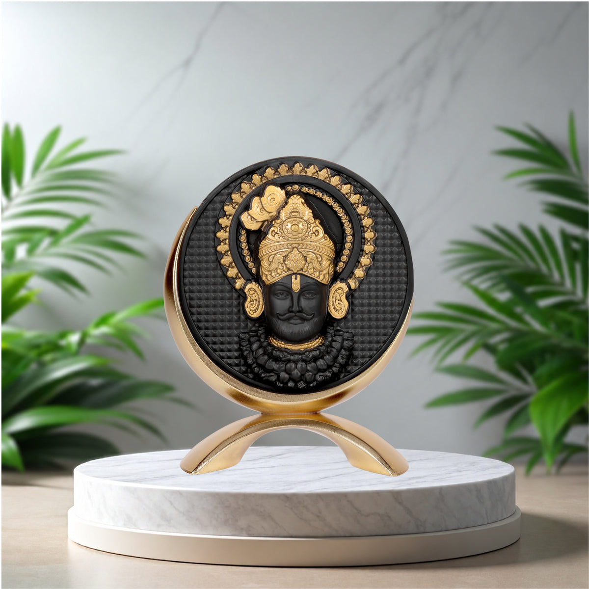 Small Round Khatushyamji Idol Black-Gold Base 3.2 Inch