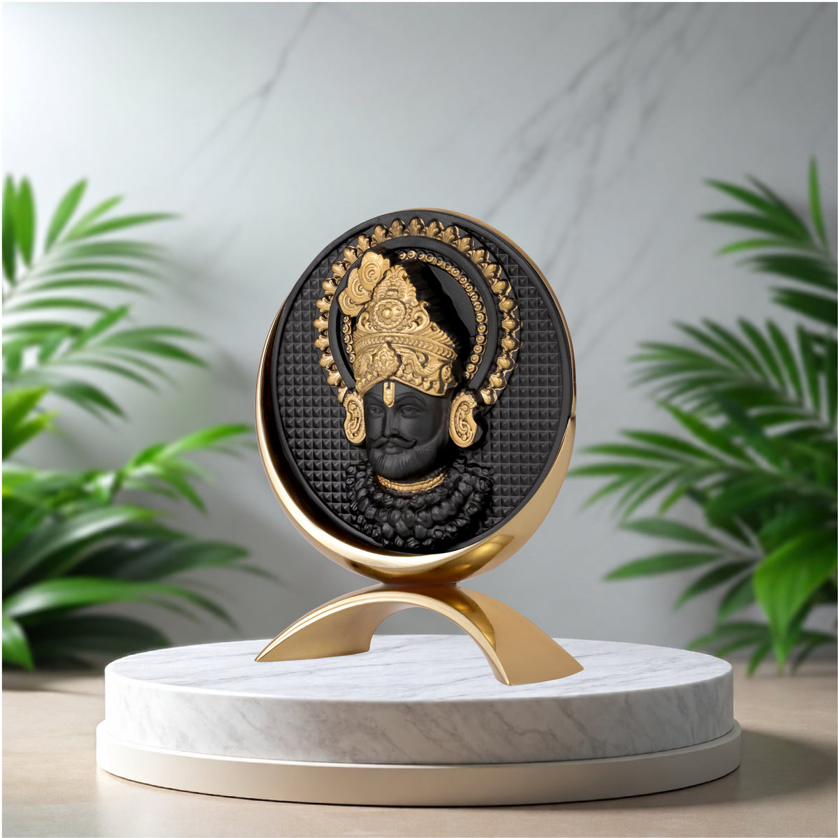 Small Round Khatushyamji Idol Black-Gold Base 3.2 Inch