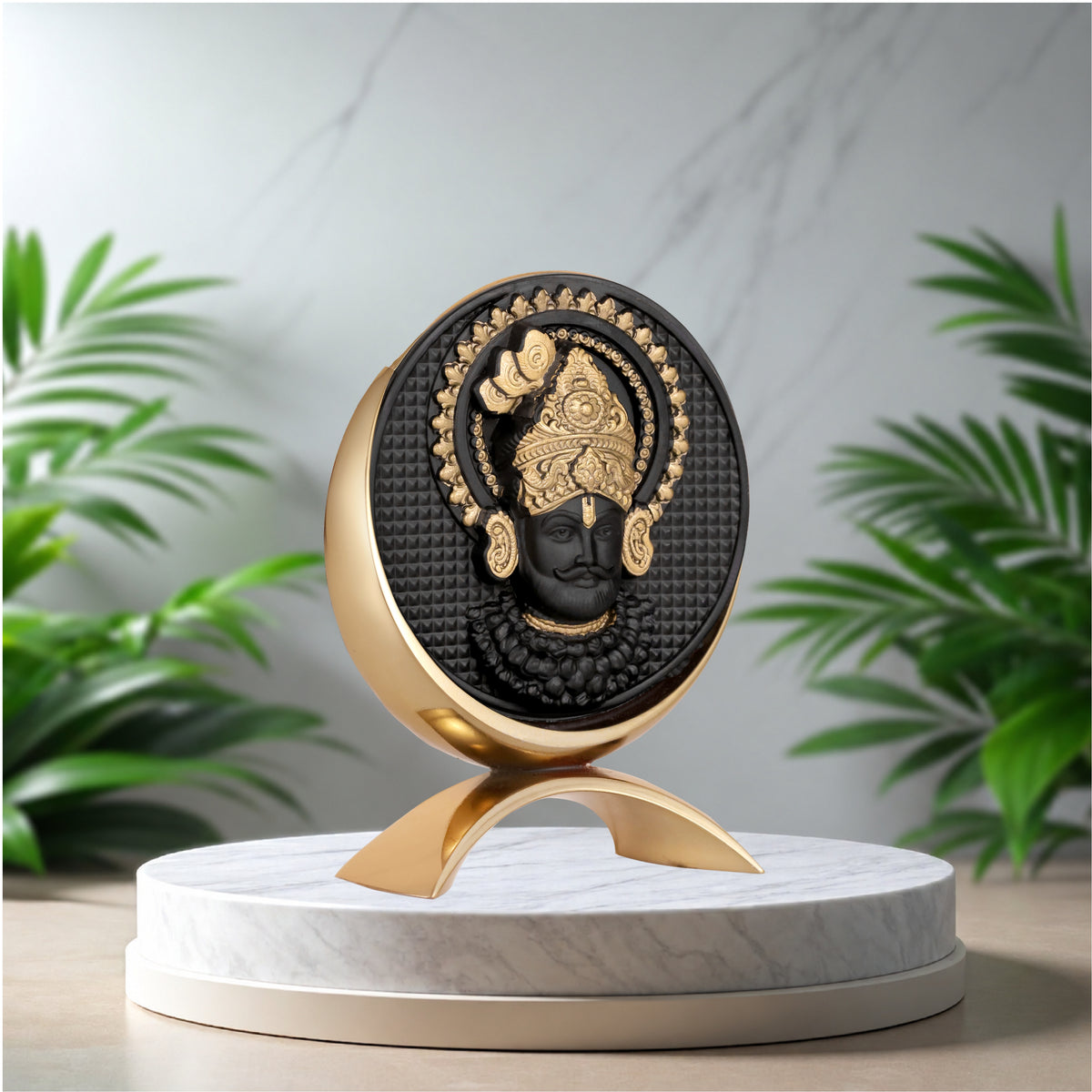 Small Round Khatushyamji Idol Black-Gold Base 3.2 Inch