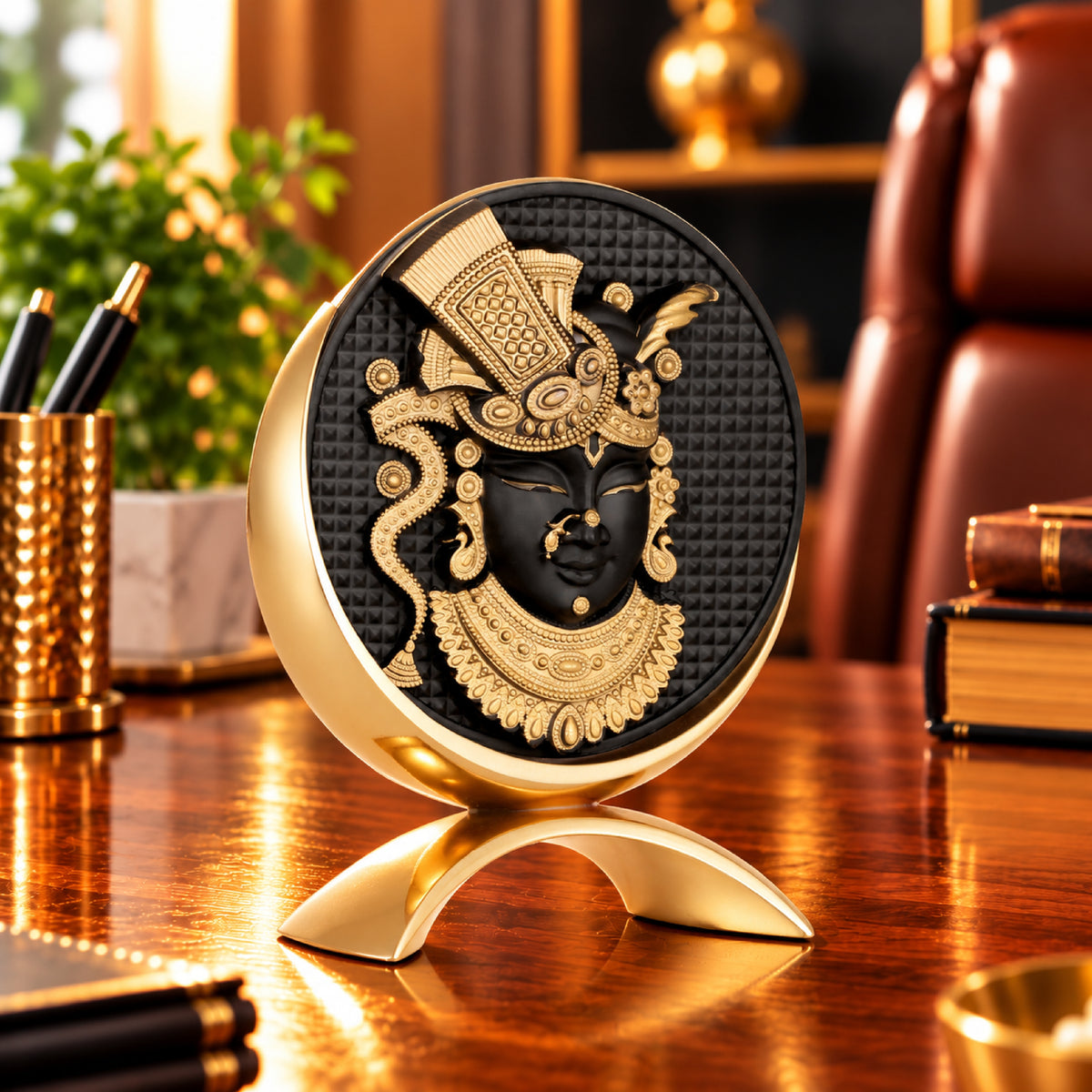 Small Round Shreenathji Idol Black-Gold Finish 3.2 Inch