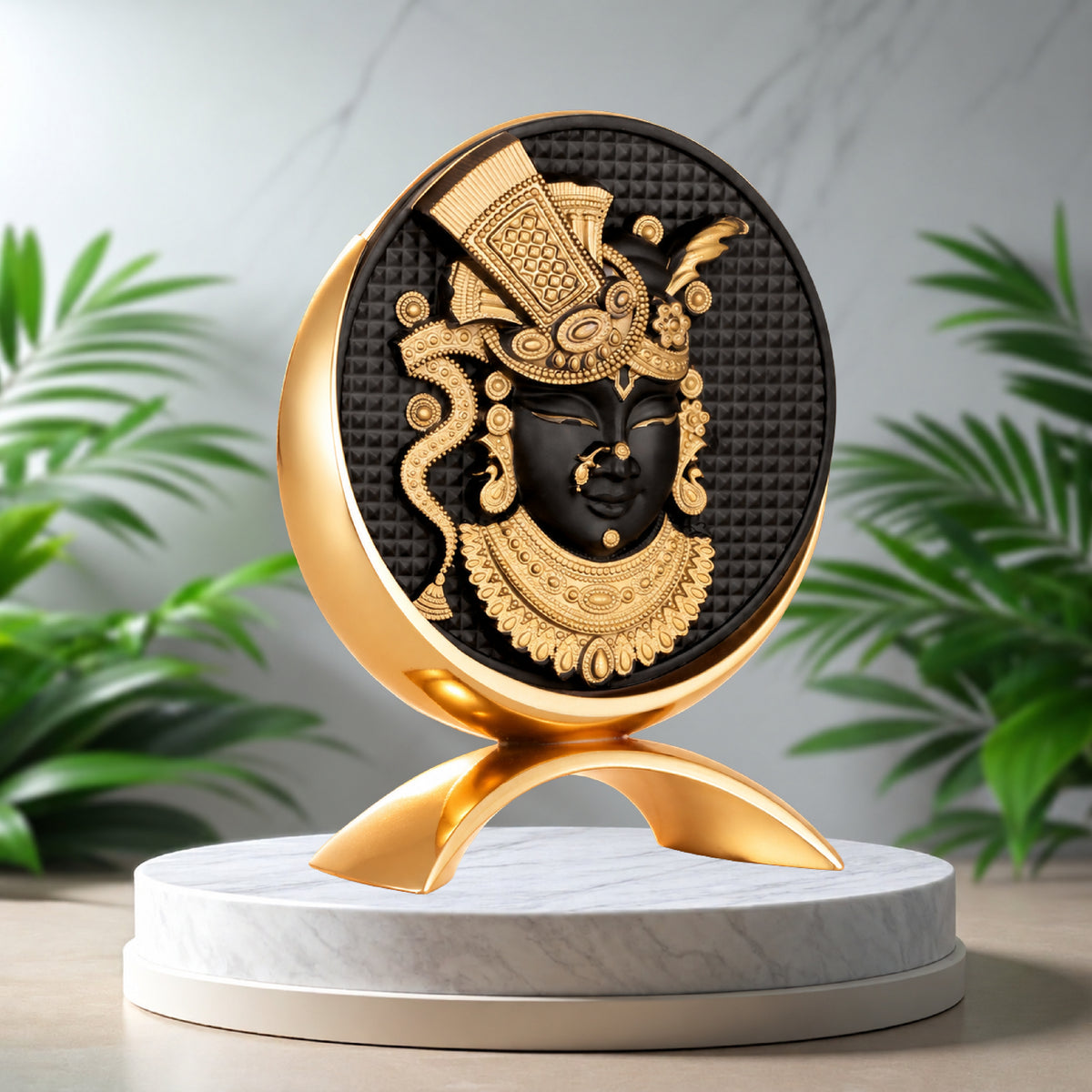 Small Round Shreenathji Idol Black-Gold Finish 3.2 Inch