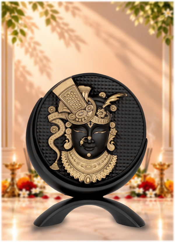 Small Round Shreenathji Idol Black-Gold Finish 3.2 Inch
